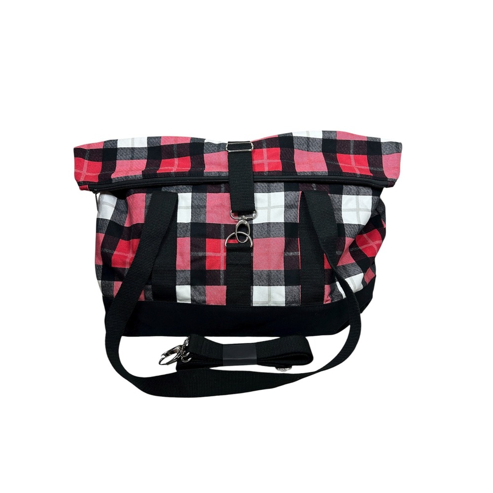 Thirty One Fold Over Weekender Check Mate Plaid Red Black Travel Duffle Tote Bag